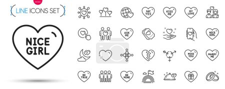 Illustration for Pack of Kiss me, Be true and Hold heart line icons. Include Inclusion, Like button, Miss you pictogram icons. Love night, Lgbt, Wedding rings signs. Love heart, Friendship, Romantic dinner. Vector - Royalty Free Image