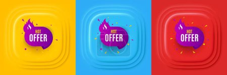 Illustration for Hot offer banner. Neumorphic offer banner, flyer or poster. Discount sticker shape. Coupon tag icon. Hot offer promo event banner. 3d square buttons. Special deal coupon. Vector - Royalty Free Image