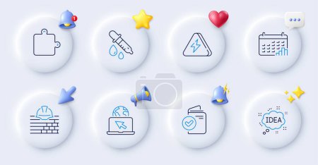 Illustration for Calendar graph, Puzzle and Idea line icons. Buttons with 3d bell, chat speech, cursor. Pack of Verification document, Lightning bolt, Build icon. Internet, Chemistry pipette pictogram. Vector - Royalty Free Image