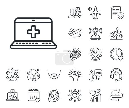 Illustration for Online medical help sign. Online doctor, patient and medicine outline icons. Medicine laptop line icon. Medical help line sign. Veins, nerves and cosmetic procedure icon. Intestine. Vector - Royalty Free Image