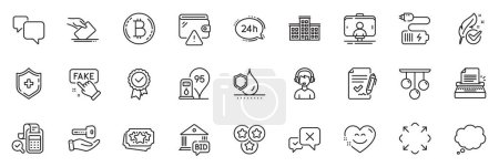 Illustration for Icons pack as Buying house, 24h service and Wallet line icons for app include Battery, Medical shield, Bid offer outline thin icon web set. Typewriter, Waterproof, Maximize pictogram. Vector - Royalty Free Image