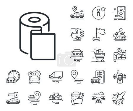 Illustration for Paper towels sign. Plane, supply chain and place location outline icons. Paper wallpaper line icon. Cling film roll symbol. Paper wallpaper line sign. Taxi transport, rent a bike icon. Vector - Royalty Free Image