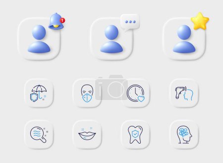 Illustration for Umbrella, Stress and Electronic thermometer line icons. Placeholder with 3d star, reminder bell, chat. Pack of Skin condition, Dating, Medical mask icon. Lips, Dental insurance pictogram. Vector - Royalty Free Image