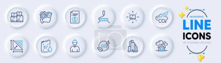 Illustration for Buying house, Skyscraper buildings and Cardboard box line icons for web app. Pack of Technical info, Triangle area, Co2 gas pictogram icons. Wholesale inventory, Co2, Paint roller signs. Vector - Royalty Free Image