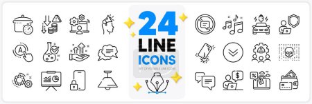 Illustration for Icons set of Stop talking, Car charging and Music line icons pack for app with Dots message, Ceiling lamp, Engineering team thin outline icon. Cyber attack, Presentation. Design with 3d stars. Vector - Royalty Free Image