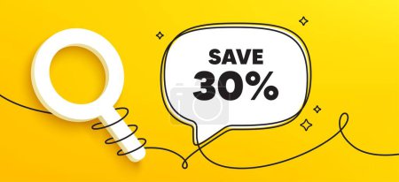 Illustration for Save 30 percent off tag. Continuous line chat banner. Sale Discount offer price sign. Special offer symbol. Discount speech bubble message. Wrapped 3d search icon. Vector - Royalty Free Image