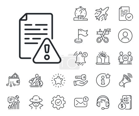 Illustration for Warning file sign. Salaryman, gender equality and alert bell outline icons. Instruction manual line icon. Caution alert symbol. Instruction manual line sign. Spy or profile placeholder icon. Vector - Royalty Free Image