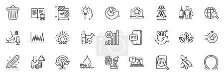 Illustration for Icons pack as Trash bin, Certificate and Chemistry lab line icons for app include Share idea, Nurse, Line graph outline thin icon web set. Idea, Deflation, Timer pictogram. Vector - Royalty Free Image