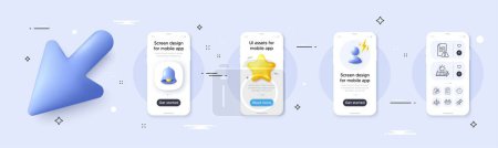 Illustration for Fast payment, Safe time and Checklist line icons pack. Phone screen mockup with 3d cursor. Alert, star and placeholder. Keywords, Instruction manual, Timer web icon. Vector - Royalty Free Image