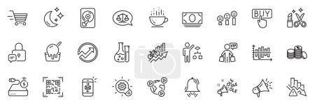 Illustration for Icons pack as Cash money, Ice cream and Beauty line icons for app include Qr code, Moon, Training results outline thin icon web set. Video conference, Banking money. Cash money outline sign. Vector - Royalty Free Image
