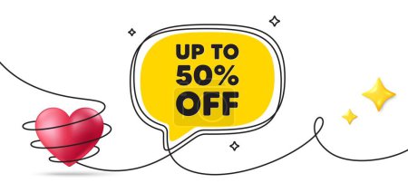 Illustration for Up to 50 percent off sale. Continuous line art banner. Discount offer price sign. Special offer symbol. Save 50 percentages. Discount tag speech bubble background. Wrapped 3d heart icon. Vector - Royalty Free Image