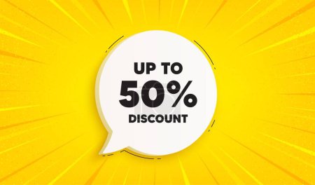 Illustration for Up to 50 percent discount. Speech bubble sunburst banner. Sale offer price sign. Special offer symbol. Save 50 percentages. Discount tag chat speech message. Yellow sun burst background. Vector - Royalty Free Image