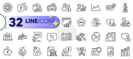 Illustration for Outline set of Fan engine, New star and Loan percent line icons for web with Loan, Graph chart, Business growth thin icon. Loyalty tags, Wallet, Shopping cart pictogram icon. Money. Vector - Royalty Free Image