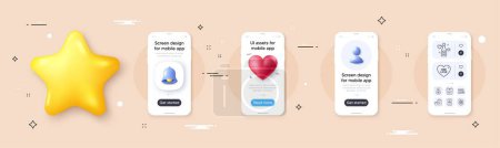 Illustration for Shopping, Marketplace and Creativity line icons pack. Phone screen mockup with 3d bell, star and placeholder. Love champagne, Smartphone buying, One love web icon. Vector - Royalty Free Image