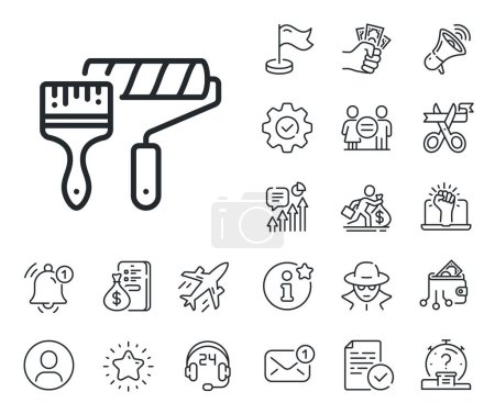 Illustration for Wall roll brush sign. Salaryman, gender equality and alert bell outline icons. Paint roller line icon. Painter tool symbol. Paint roller line sign. Spy or profile placeholder icon. Vector - Royalty Free Image