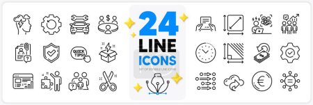 Illustration for Icons set of Square area, Ethics and Car line icons pack for app with Creative idea, Euro money, Difficult stress thin outline icon. Receive file, Web report, Strategy pictogram. Vector - Royalty Free Image