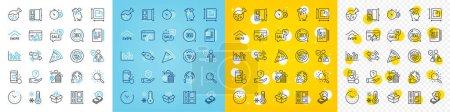 Illustration for Vector icons set of Stress, Time management and Floor plan line icons pack for web with Discounts bubble, Upper arrows, Save planet outline icon. Open door, Seo marketing, Swipe up pictogram. Vector - Royalty Free Image