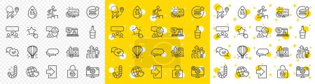 Illustration for Outline Fuel price, Settings and Messenger line icons pack for web with Air balloon, Airplane, Employee results line icon. Online loan, Scotch bottle, Password encryption pictogram icon. Vector - Royalty Free Image