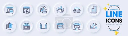 Illustration for Arena stadium, Delivery market and Home moving line icons for web app. Pack of Arena, Mortgage, Market pictogram icons. Open door, Shop, Enterprise signs. Skyscraper buildings. Sport complex. Vector - Royalty Free Image