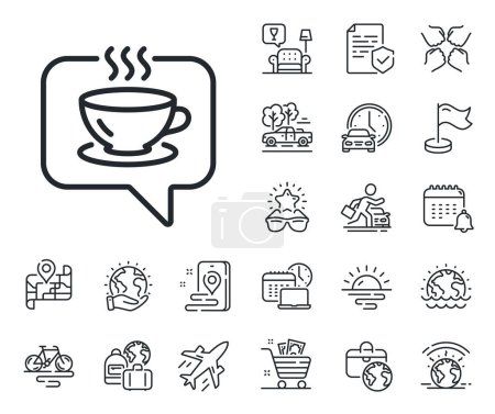 Illustration for Tea drink sign. Plane jet, travel map and baggage claim outline icons. Hot coffee line icon. Cafe symbol. Coffee line sign. Car rental, taxi transport icon. Place location. Airport lounge. Vector - Royalty Free Image