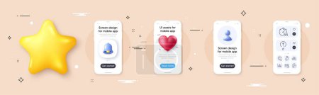 Illustration for Socks, Swipe up and Share call line icons pack. Phone screen mockup with 3d bell, star and placeholder. Internet warning, Survey results, Timer web icon. Question button, Insomnia pictogram. Vector - Royalty Free Image