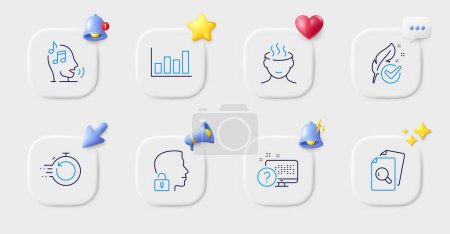 Illustration for Inspect, Hypoallergenic tested and Report diagram line icons. Buttons with 3d bell, chat speech, cursor. Pack of Unlock system, Voicemail, Fast recovery icon. Stress, Online quiz pictogram. Vector - Royalty Free Image