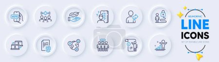 Illustration for Survey, Winner and Video conference line icons for web app. Pack of Manual doc, Online voting, Fingerprint pictogram icons. Medical staff, Lock, Employees group signs. Outsource work. Vector - Royalty Free Image