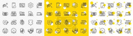 Illustration for Outline Faq, Mountain bike and Notebook service line icons pack for web with Chat bubble, Gpu, Seo strategy line icon. Toolbox, Meeting time, Print image pictogram icon. Analysis app. Vector - Royalty Free Image