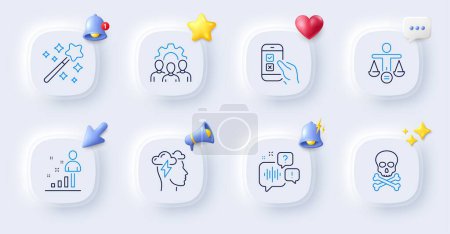 Illustration for Mindfulness stress, Team work and Voicemail line icons. Buttons with 3d bell, chat speech, cursor. Pack of Mobile survey, Chemical hazard, Stats icon. Magic wand, Ethics pictogram. Vector - Royalty Free Image