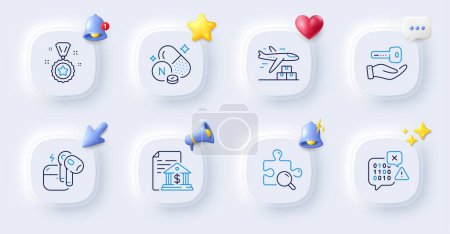 Illustration for Winner reward, Headset and Buying house line icons. Buttons with 3d bell, chat speech, cursor. Pack of Vitamin n, Binary code, Search puzzle icon. Bank document, Delivery plane pictogram. Vector - Royalty Free Image
