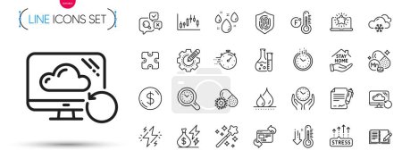 Illustration for Pack of Waterproof, Settings gear and Magic wand line icons. Include Signing document, Manganese mineral, Refresh website pictogram icons. Snow weather, Puzzle, Rainy weather signs. Vector - Royalty Free Image