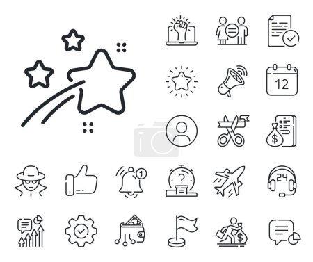 Illustration for Night sign. Salaryman, gender equality and alert bell outline icons. Falling star line icon. Firework symbol. Falling star line sign. Spy or profile placeholder icon. Online support, strike. Vector - Royalty Free Image