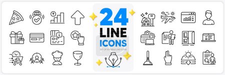 Illustration for Icons set of Buying house, Sun protection and Verified internet line icons pack for app with Web lectures, Credit card, Pizza thin outline icon. Business targeting, Card, Headshot pictogram. Vector - Royalty Free Image