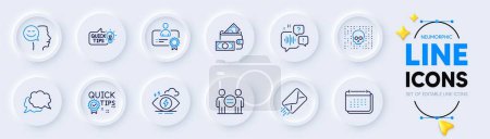 Illustration for Ethics, Quick tips and E-mail line icons for web app. Pack of Calendar, Education idea, Certificate pictogram icons. Chat message, Money wallet, Stress signs. Good mood, Cyber attack. Vector - Royalty Free Image
