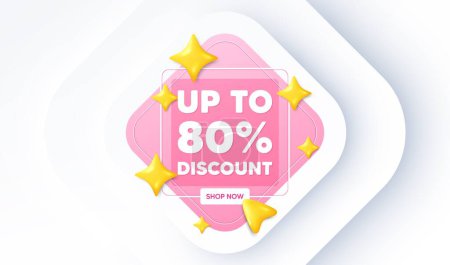 Illustration for Up to 80 percent discount. Neumorphic promotion banner. Sale offer price sign. Special offer symbol. Save 80 percentages. Discount tag message. 3d stars with cursor pointer. Vector - Royalty Free Image