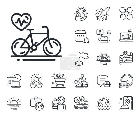 Illustration for Bicycle exercise sign. Plane jet, travel map and baggage claim outline icons. Cardio bike training line icon. Gym fit heartbeat symbol. Cardio bike line sign. Car rental, taxi transport icon. Vector - Royalty Free Image