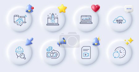 Illustration for Update time, Inspect and Video file line icons. Buttons with 3d bell, chat speech, cursor. Pack of Start business, Work home, Web analytics icon. Quick tips, Cash back pictogram. Vector - Royalty Free Image