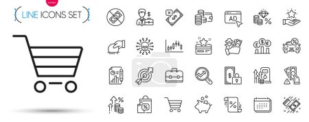 Illustration for Pack of Donate, Currency rate and Money tax line icons. Include Ad, Report document, Fraud pictogram icons. Corrupt, Portfolio, Loyalty card signs. Private payment, Bribe, Sale bags. Vector - Royalty Free Image