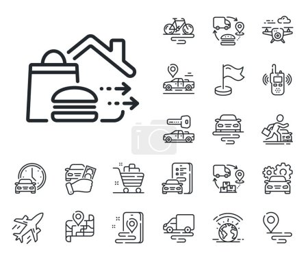 Illustration for Burger meal sign. Plane, supply chain and place location outline icons. Food delivery line icon. Catering service symbol. Food delivery line sign. Taxi transport, rent a bike icon. Travel map. Vector - Royalty Free Image