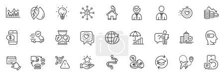 Illustration for Icons pack as Security lock, Loyalty program and Transport insurance line icons for app include Timeline, Home, Friends chat outline thin icon web set. Mineral oil, Inflation. Vector - Royalty Free Image