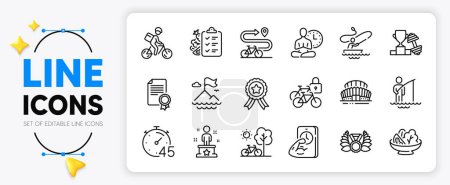 Illustration for Fisherman, Diet menu and Winner ribbon line icons set for app include Salad, Timer, Sports stadium outline thin icon. Bike path, Success, Dumbbell pictogram icon. Delivery bike, Fitness. Vector - Royalty Free Image