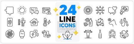 Illustration for Icons set of Pet shelter, Electricity power and Fan engine line icons pack for app with Fast delivery, Charging cable, Sunny weather thin outline icon. Puzzle, Smartwatch. Design with 3d stars. Vector - Royalty Free Image
