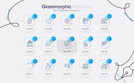 Illustration for Set of Puzzle, Engineer and Wholesale inventory line icons for web app. Timer, Recovery data, Click hand icons. Teamwork, Waterproof, Buying house signs. Refresh website. Glassmorphism buttons. Vector - Royalty Free Image