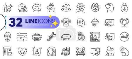 Illustration for Outline set of Smile chat, Augmented reality and Flash memory line icons for web with Developers chat, Fishing float, Repairman thin icon. Salary, Escalator, Video conference pictogram icon. Vector - Royalty Free Image