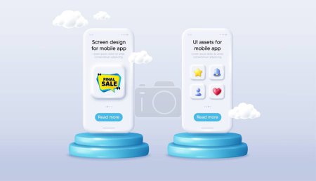 Illustration for Final sale banner. Phone mockup on podium. Product offer 3d pedestal. Discount sticker bubble. Coupon tag icon. Background with 3d clouds. Final sale promotion message. Vector - Royalty Free Image