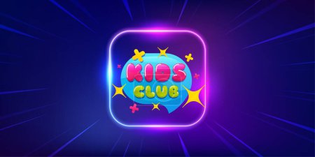 Illustration for Kids club banner. Neon light frame offer banner. Fun playing zone sticker. Children games party area icon. Kids club promo event flyer, poster. Sunburst neon coupon. Flash special deal. Vector - Royalty Free Image