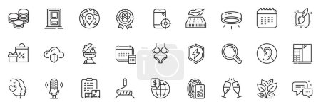 Illustration for Icons pack as Led lamp, No hearing and Calendar line icons for app include Cupboard, Research, Seo phone outline thin icon web set. Microphone, Power safety, Tips pictogram. Vector - Royalty Free Image