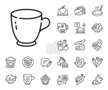 Illustration for Tableware coffee mug sign. Crepe, sweet popcorn and salad outline icons. Tea cup line icon. Drink kitchenware pot symbol. Tea cup line sign. Pasta spaghetti, fresh juice icon. Supply chain. Vector - Royalty Free Image