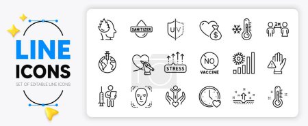 Illustration for Low thermometer, Clean skin and Coronavirus statistics line icons set for app include Social care, Pandemic vaccine, Thermometer outline thin icon. Stress, Social distancing. Vector - Royalty Free Image
