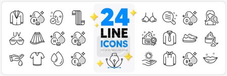 Illustration for Icons set of Oil drop, Scarf and Collagen skin line icons pack for app with Cream, Vitamin e, T-shirt thin outline icon. Skirt, Lips, Cobalamin vitamin pictogram. Sunglasses. Vector - Royalty Free Image